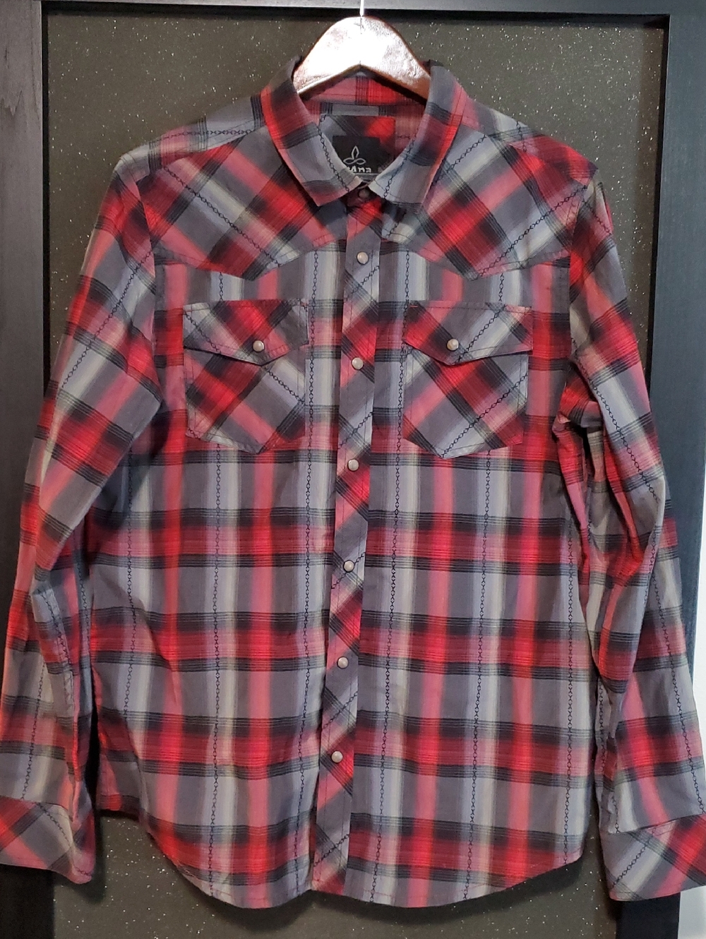 Mens Prana Red and Gray Plaid Western Snap Button-Down Shirt Medium